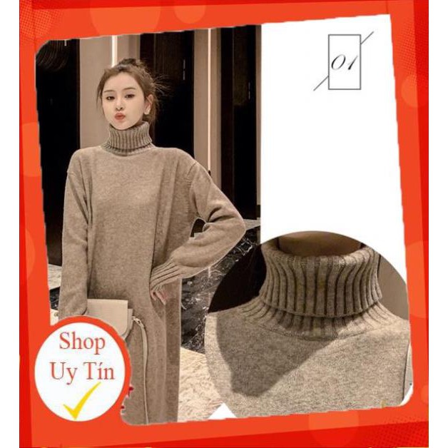 ✅ Váy len mùa đông dành cho bà bầu cổ lọ dáng suông dài ấm áp B13