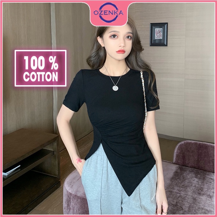 (Rẻ) Áo thun croptop sẻ tà tay ngắn cổ tròn nữ OZENKA , áo crt kiểu Hàn Quốc ôm body màu đen trắng đẹp mặc đi học dưới 5