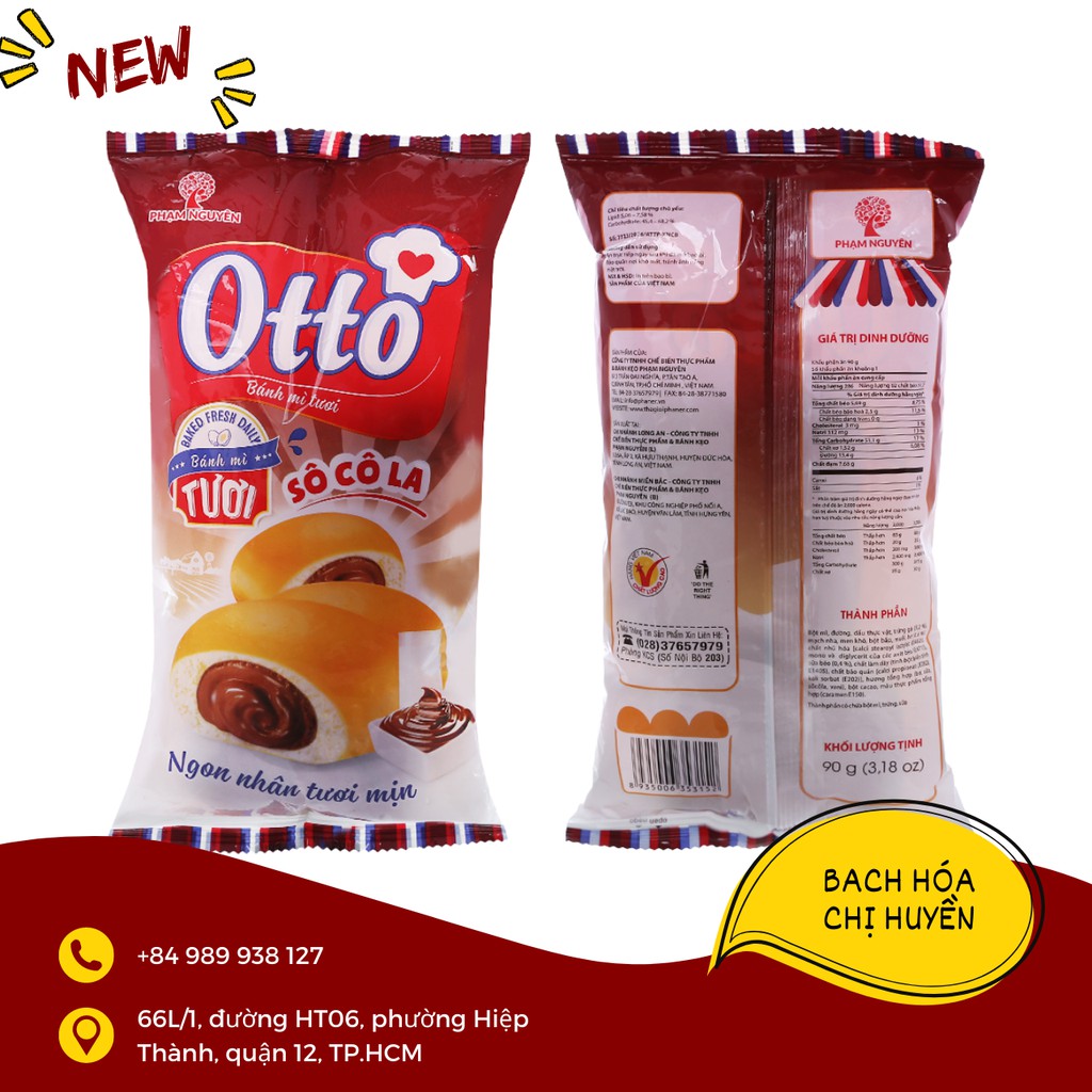 Bánh mì tươi nhân socola/ bơ sữa/ sữa hột gà Otto gói 90g