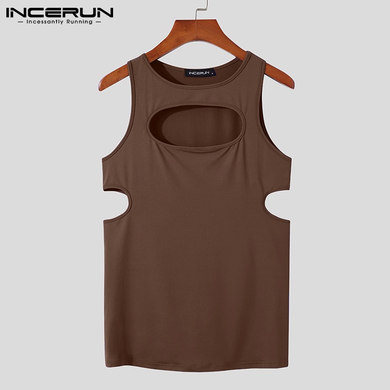 Áo ba lỗ INCERUN không tay dệt rỗng ôm dáng vừa vặn màu trơn cho nam