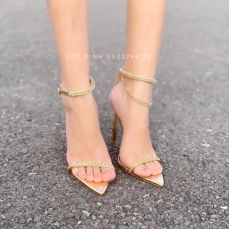 Sandal dây mảnh cao gót vàng gold