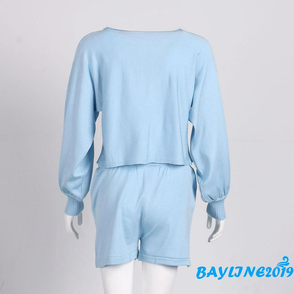 Set 2 Món Áo Len Tay Dài Phối Quần Short Thời Trang Quyến Rũ Cho Nữ