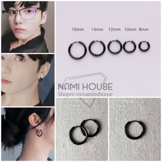 Bông tai unisex khoen tròn màu đen nhiều size dày dặn bóng đẹp hot trend khuyến mãi style kpop hàn quốc - nami house