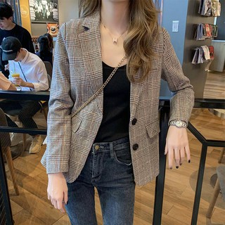 Áo Khoác Blazer Dáng Ngắn Họa Tiết Sọc Caro Thời Trang Cho Nữ