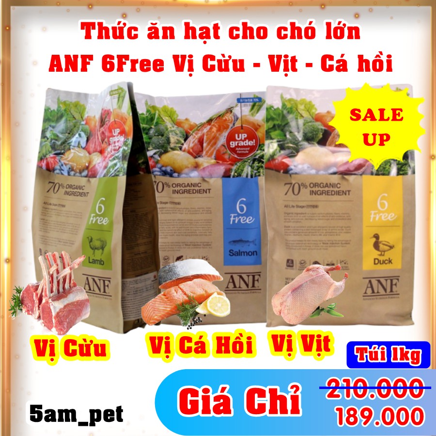 Hạt ANF cho chó lớn hơn 6 tháng tuổi 6Free Organic túi 1kg, Vị Vịt, Vị Thịt Cừu, Vị Cá Hồi