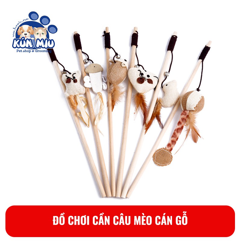 Đồ chơi Cần câu mèo cán gỗ hình cá, chim, chuột Kún Miu