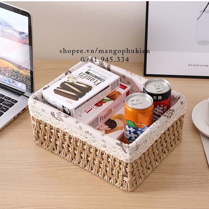 Rổ mây vintage hoa nhí đi picnic để bàn decor góc làm việc (Giỏ mây lót vải hoa nhí đựng đồ ăn vặt đồ trang điểm)