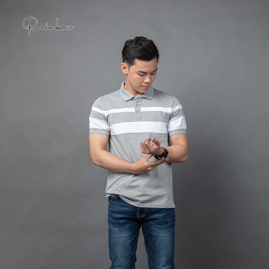Áo thun có cổ, áo polo cotton chính hãng Rainbow PO003 - Xám phối sọc thân | BigBuy360 - bigbuy360.vn
