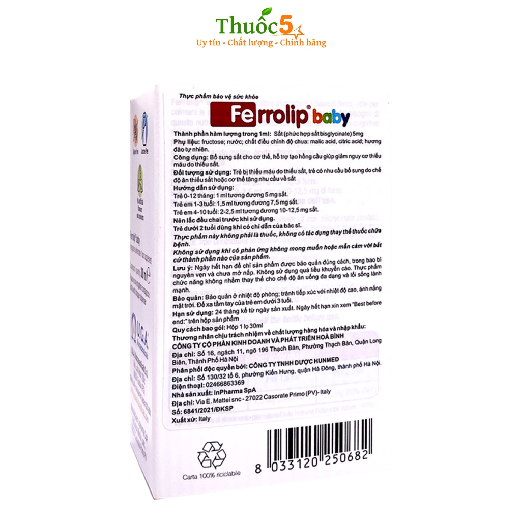 Siro Uống Ferrolip Baby Hỗ Trợ Bổ Sung Sắt, Giảm Tình Trạng Thiếu Máu Cho Trẻ Lọ 30ml
