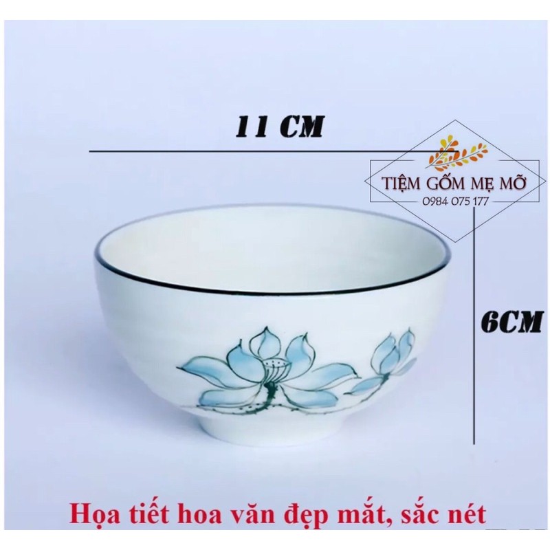 Bộ bát cơm chén cơm giả vuốt men kem hoạ tiết hoa sen - gốm sứ Bát Tràng