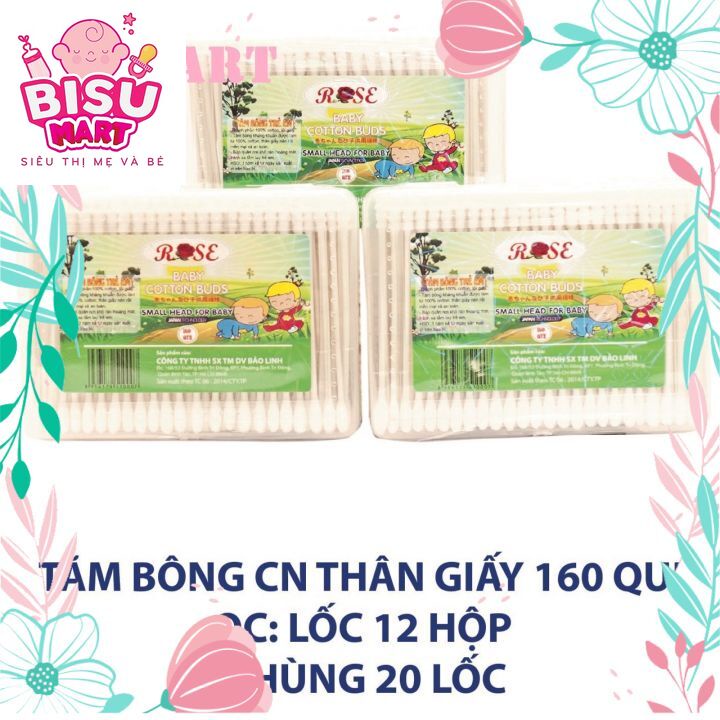 Tăm bông, bông ráy tai trẻ em lõi giấy cao cấp ROSE (Hộp chữ nhật 160 que)