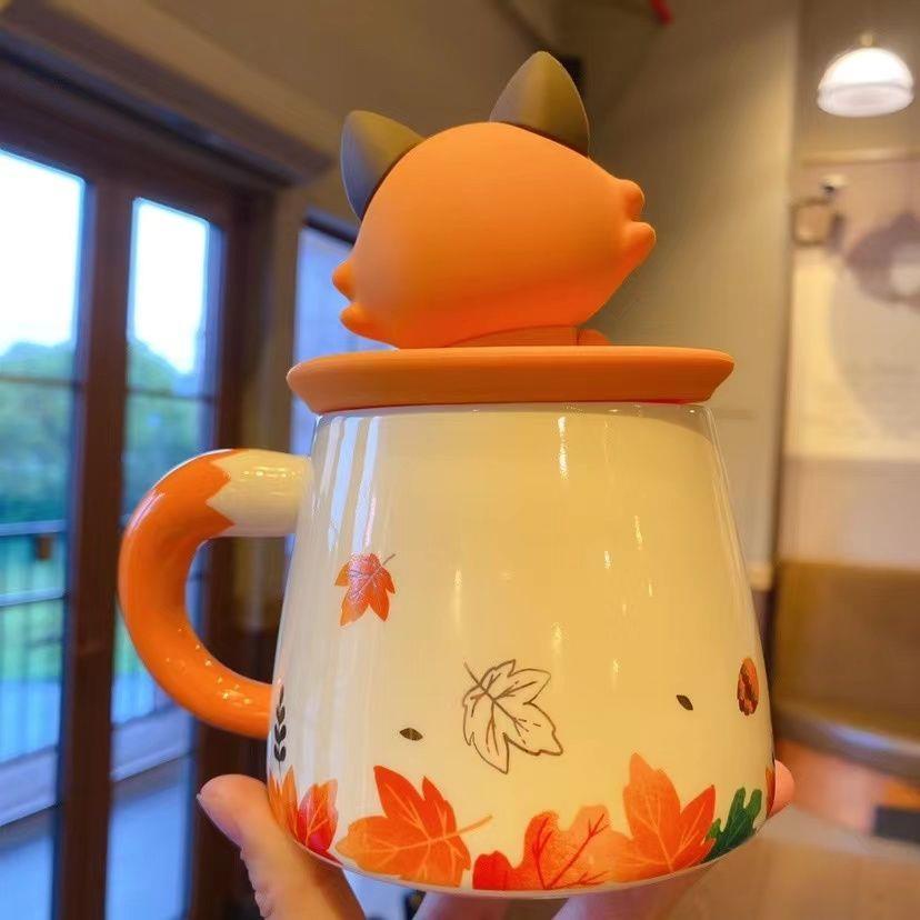 Ly Uống Nước Starbucks Bằng Gốm In Họa Tiết Lá Phong Có Nắp Đậy Làm Quà Tặng Ngày Lễ Tình Nhân Cho Nam Và Nữ