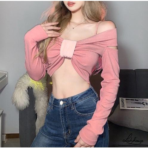 Áo Croptop Hai Dây Mỏng Tay Dài Thắt Nơ Trước Ngực Cho Nữ