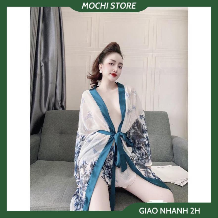 Áo Choàng Ngủ Kimono Voan Hoa , Áo Ngủ Xuyên Thấu Kèm Quần Chất Liệu Cao cấp Phong Cách Nhật Bản Mới Gợi Cảm Cho N
