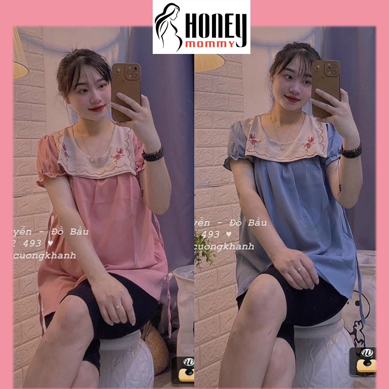 Áo Bầu Công Sở Mùa Hè Cổ Thêu Xinh Xắn Dáng Babydoll Đi Làm Đi Chơi Mặc Ở Nhà HS3618 Honey Mommy