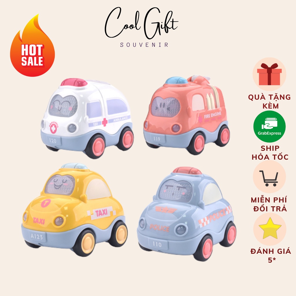 Bộ đồ chơi ô tô quán tính có đèn và nhạc mô tả xe cứu hỏa, cứu thương, cảnh sát, taxi chất lượng cao
