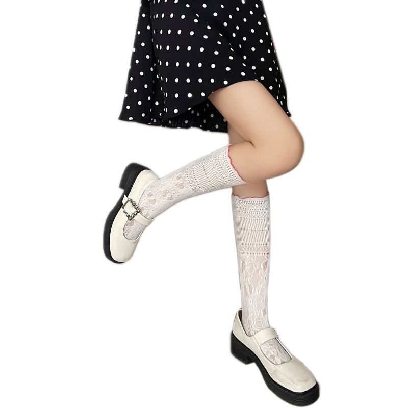 Youyo Vớ Ống Chân Phối Ren Mỏng Họa Tiết Hình Học Sọc Rỗng Phong Cách Harajuku Preppy Mùa Hè Cho Nữ
