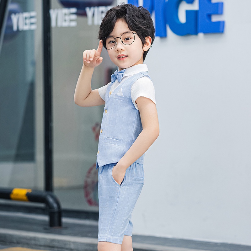 Bộ Trang Phục Biểu Diễn Vải Cotton Kẻ Sọc Ca Rô Màu Đỏ/Xám/Xanh Dương Cho Bé Trai