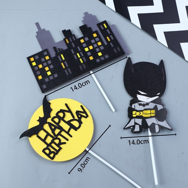 Bộ Phụ Kiện Trang Trí Bánh Kem Sinh Nhật Họa Tiết Hoạt Hình Batman Happy Birthday Siêu Anh Hùng