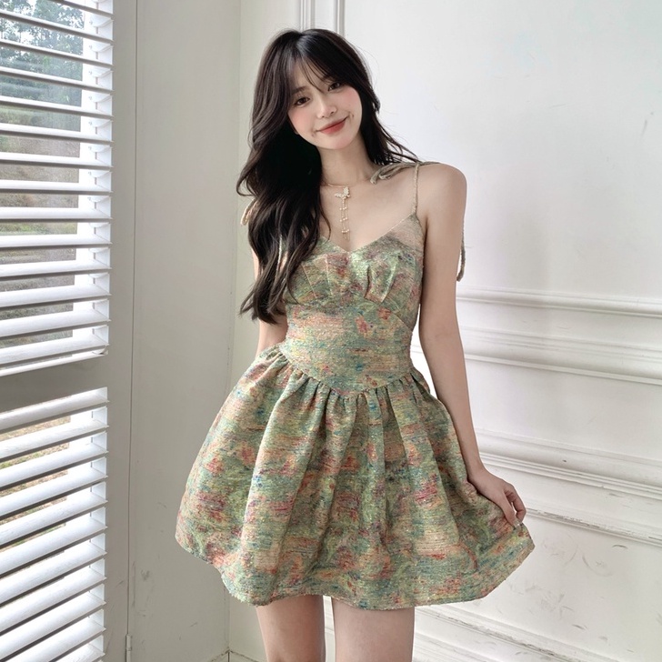 Đầm ZHELIHANGFEI họa tiết hoa tay phồng phong cách thời trang xinh xắn dành cho nữ