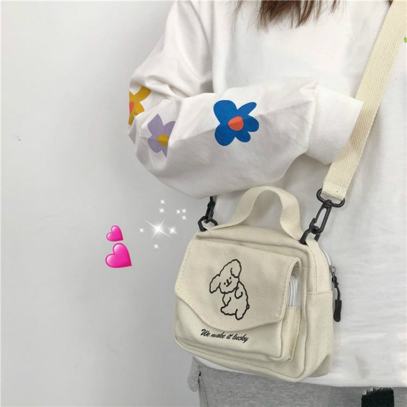 Túi canvas đeo chéo thêu họa tiết chú cún kiểu Nhật Bản Harajuku đáng yêu