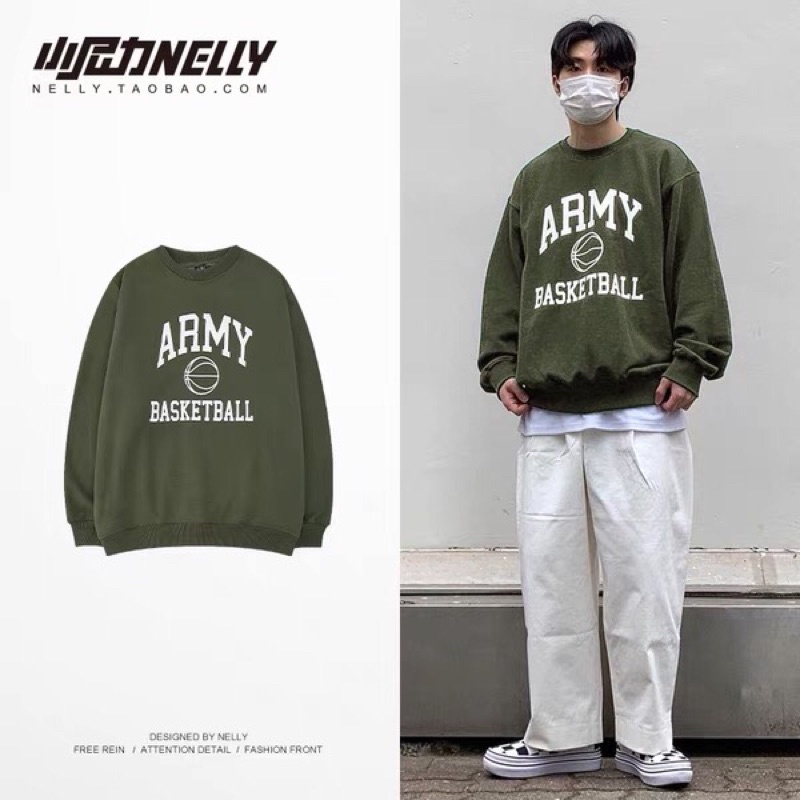 Áo sweater nelly heybig nỉ lót lông sale (có sẵn) army