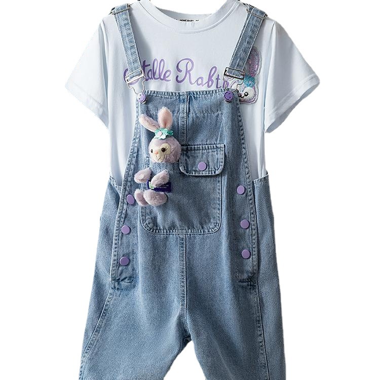 ✨Set Áo Thun Tay Ngắn + Quần Yếm denim Thời Trang Mùa Hè Phong Cách Hàn Quốc Cho Bé Gái 5-14 Tuổi