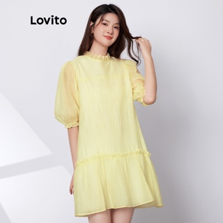113XJ Đầm Lovito tay phồng xếp nếp màu trơn dễ thương L29AD060 (màu mơ)