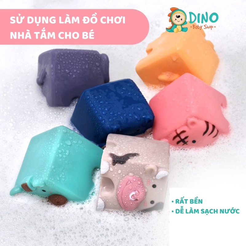 Đồ chơi khối lập phương bằng cao su mềm, đồ chơi nhà tắm hình động vật đáng yêu cho bé Dino