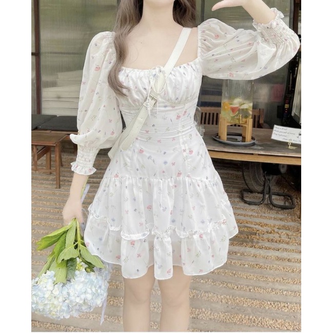 Đầm Hoa Xoè Cổ Vuông Xếp Ngực Tay Dài Bo Chun