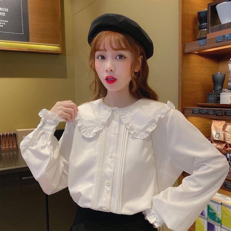 Áo sơ mi cổ sen xếp li ngực tay bo cách điệu - Áo babydoll cổ viền bèo ulzzang