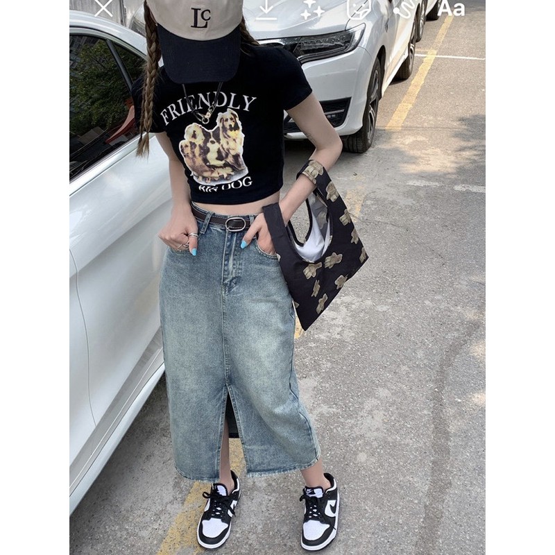 Chân váy bò jeans dài ulzzang xẻ trước