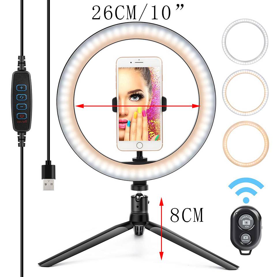 Đèn led vòng tròn 26cm có chân đế tripod trợ sáng chụp ảnh selfie quay TikTok trực tuyến Youtube Bluetooth từ xa