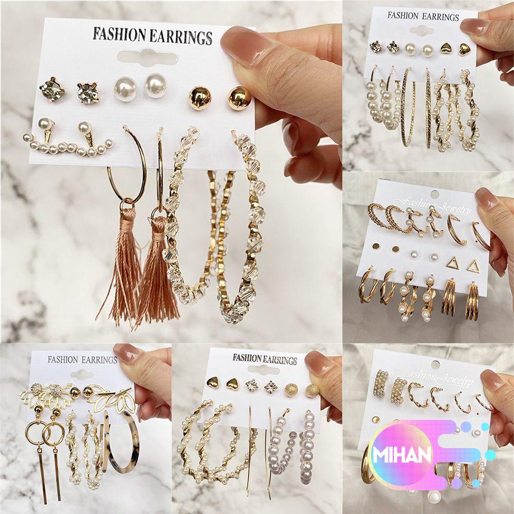 Bộ Khuyên Tai Kim Loại Hình Tròn Đính Ngọc Trai Thời Trang Cho Nữ Mihan1