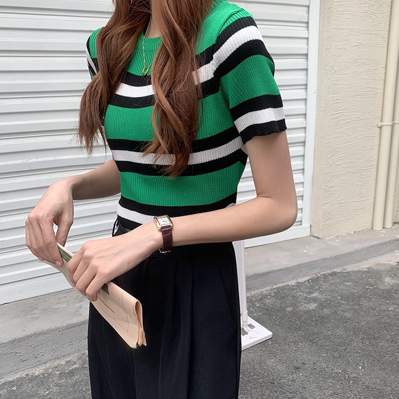 Áo Thun Dệt Kim Ngắn Tay Cổ Vuông Kẻ Sọc Thời Trang Trẻ Trung Áo Dệt Kim Ngắn Tay Cổ Tròn Họa Tiết Kẻ Sọc Nhiều Màu Thời Trang Mùa Hè Cho Nữ