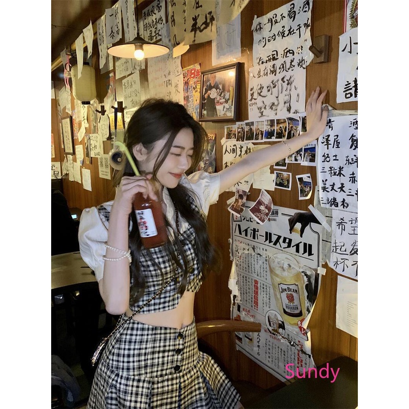 Set Áo Tay Phồng Kẻ Sọc Caro + Chân Váy Xếp Ly Sành Điệu Thời Trang Hè Cho Nữ