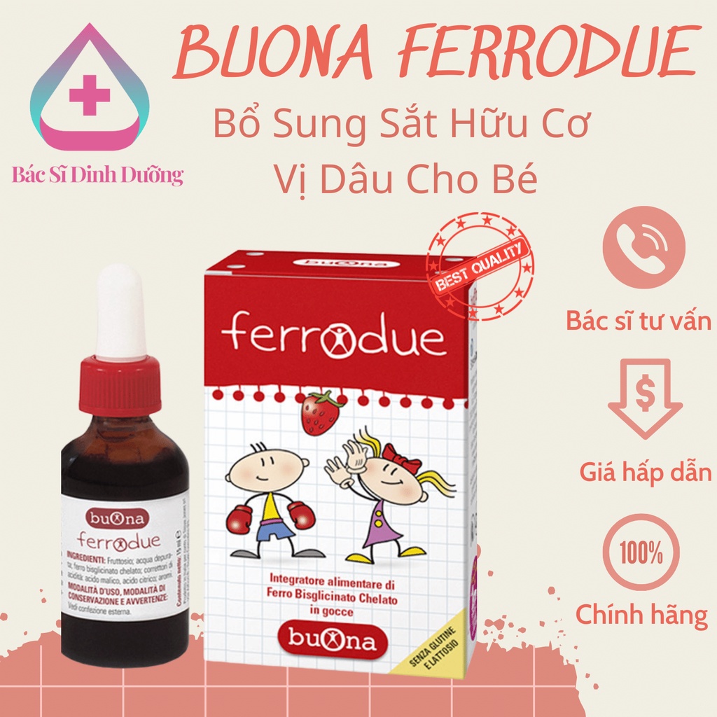 Sắt hữu cơ nhỏ giọt Buona Ferrodue.vị dâu dễ uống dùng cho trẻ từ sơ sinh lọ 15ml ....