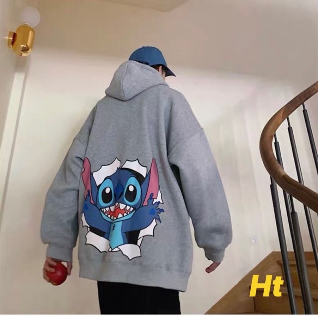 Áo hoodie nỉ mũ in Stitch chó tài thỏ xanh