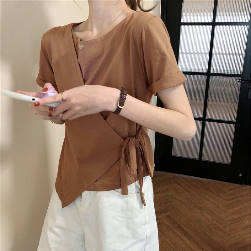 SUXI Áo thun tay ngắn màu trơn độc đáo thời trang cho nữ