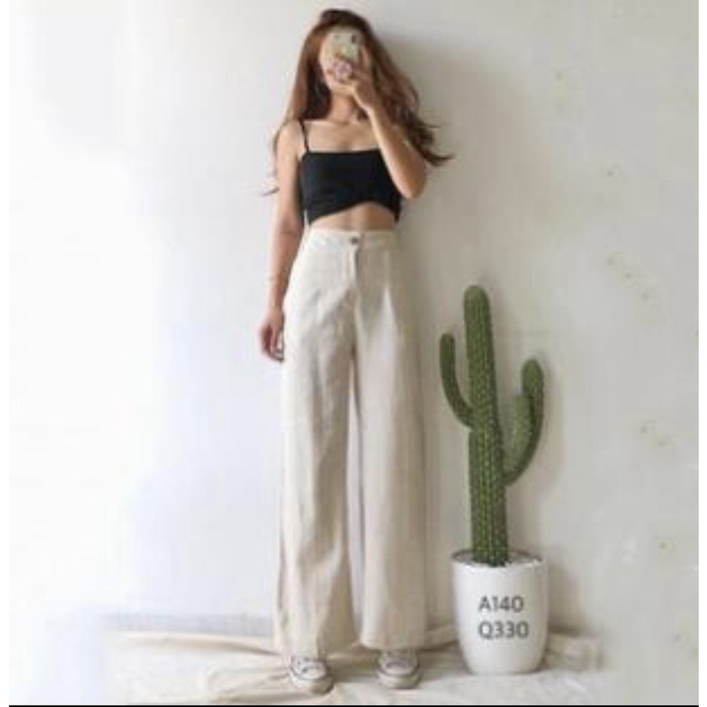Quần đũi ống rộng nữ dài bigsize cạp chun lưng thun khóa thật màu Trắng Đen - Quần ống suông nữ vải đũi