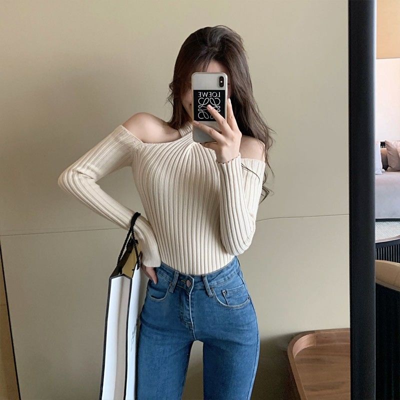 COZOK Áo sweater trễ vai thiết kế dây đan chéo quyến rũ