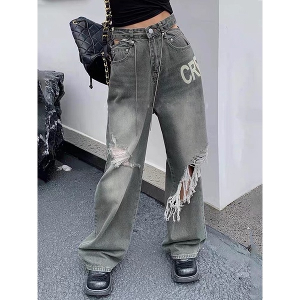 Jeans Ống Rộng Rách Gối Xẻ Eo Phong Cách StreetWear