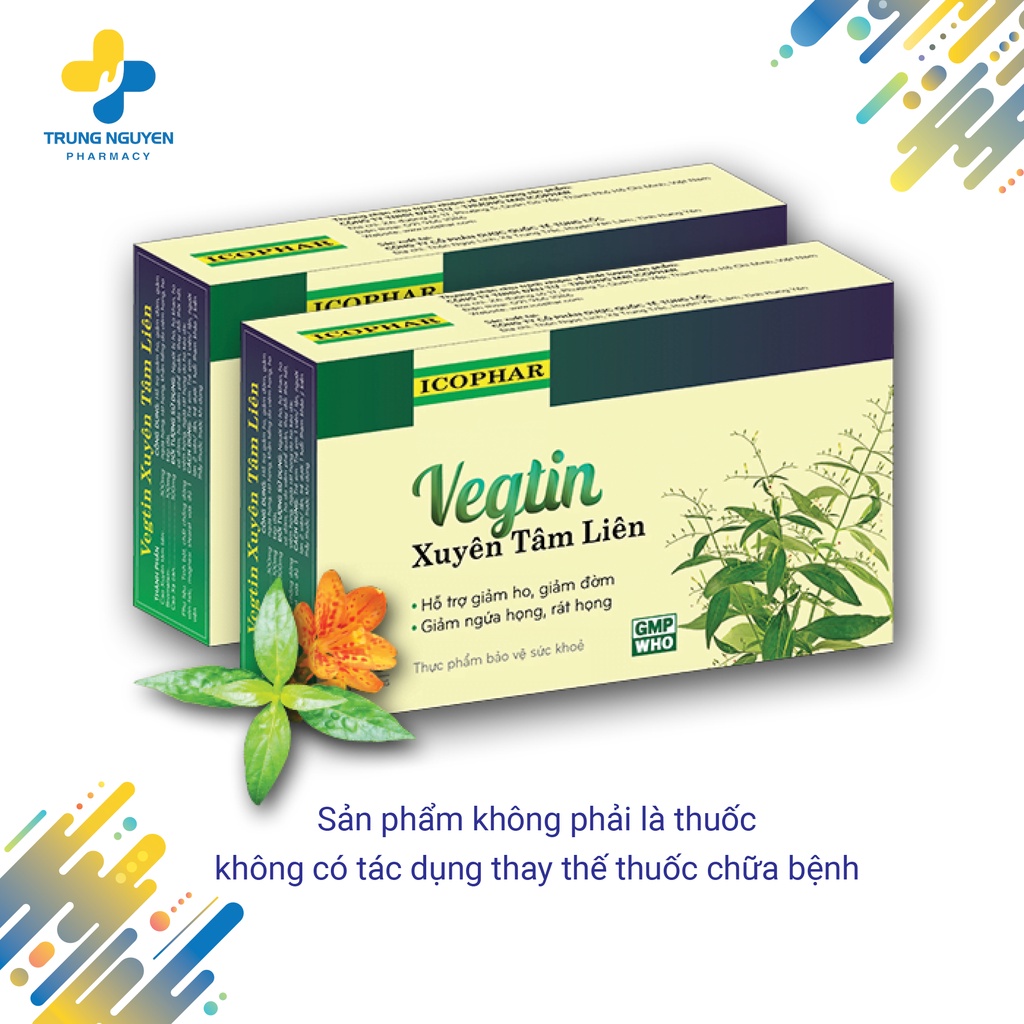 VEGTIN XUYÊN TÂM LIÊN - Hỗ trợ trị ho khan, ho có đờm, giảm ngứa, đau rát họng - Hộp 20 viên