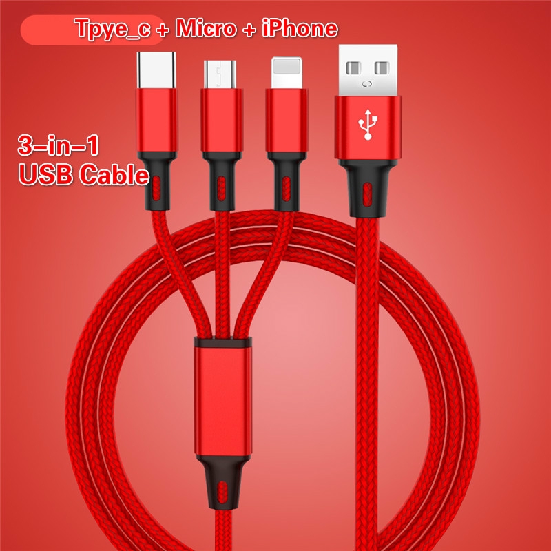 3 in 1 Micro USB Cable For Android USB TypeC Mobile Phone Cables 120CM