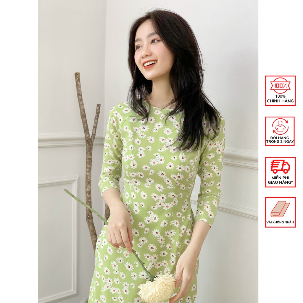 Áo Dài FOR HER Hoa Cúc Xanh Lá AD01573
