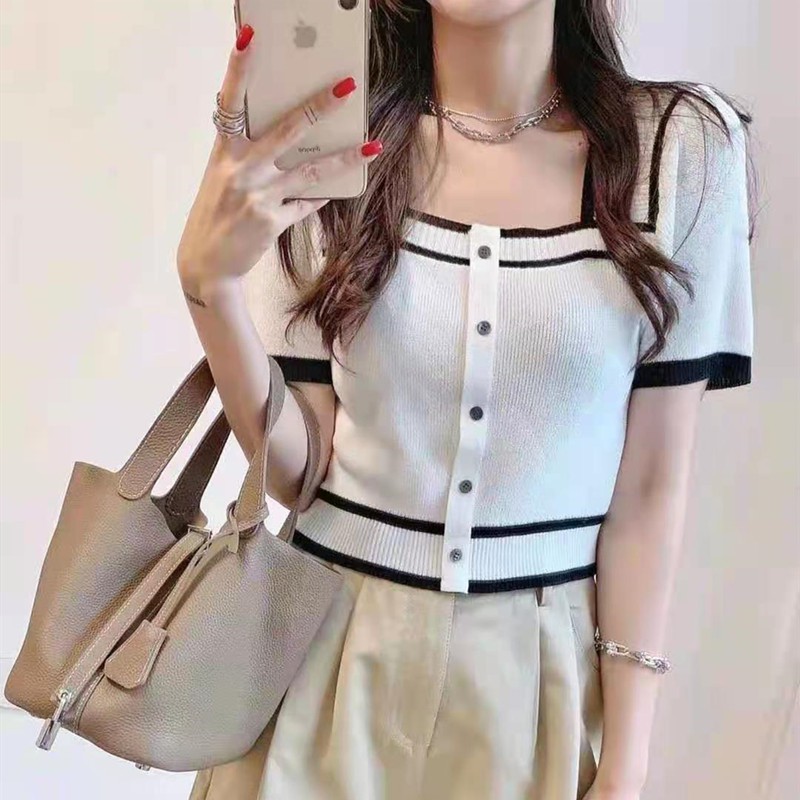 Áo croptop dệt kim SUXI tay ngắn cổ vuông phong cách Hàn Quốc