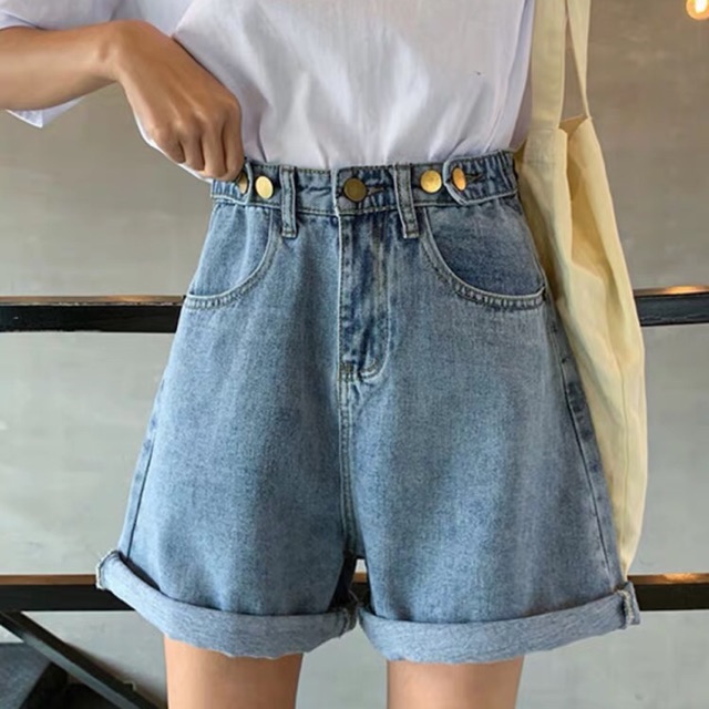 Quần short jean nút eo