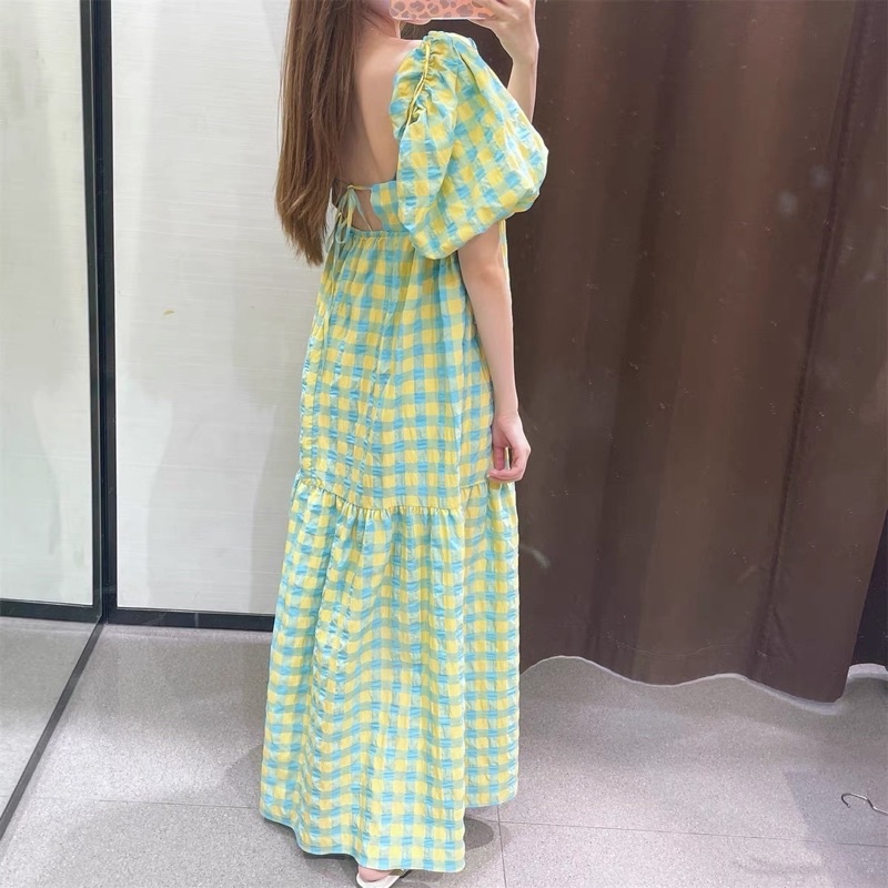 Đầm caro vàng xanh dáng dài tay phồng ZR xuất xịn kèm ảnh thậ