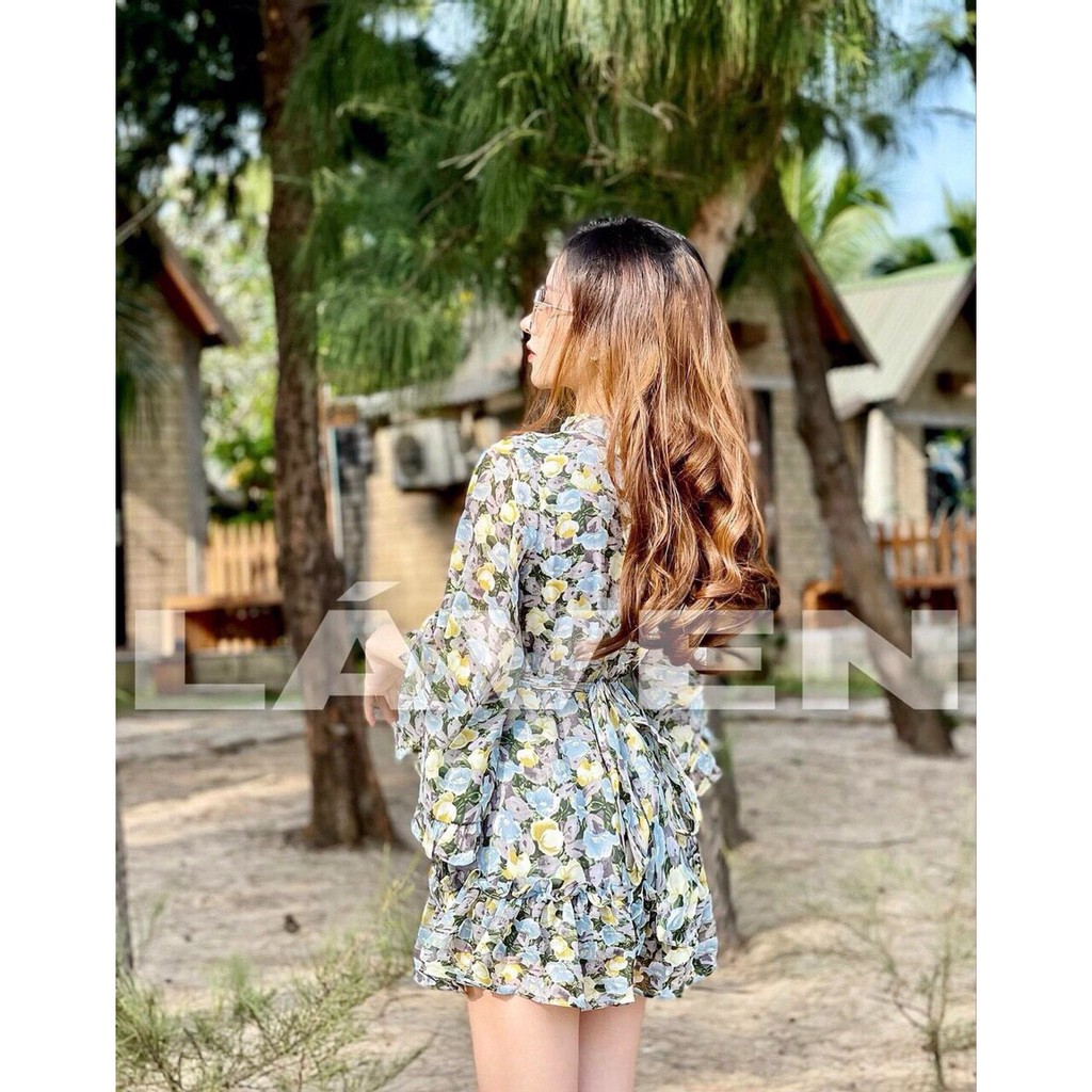 Đầm xòe voan hoa tay dài phối bèo Rose Fashion