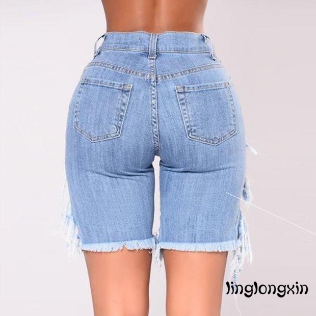 Quần Short Denim Rách Co Giãn Eo Cao Có Thể Giặt Được Thời Trang Đường Phố Cho Nữ Y2K
